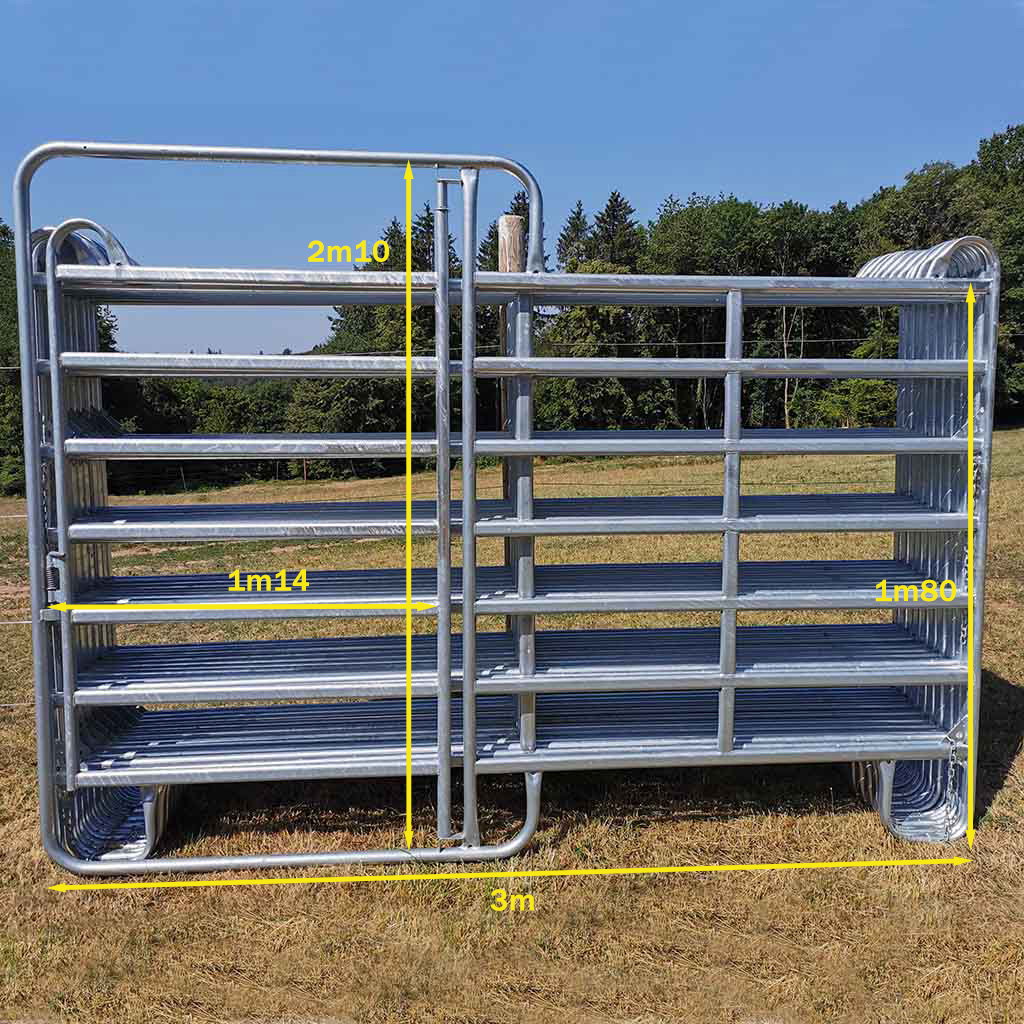 Parc de contention Enclos Paddock Box barrière Texas Panel. 14 Barrières de 3m x 1m80 de haut + 1 barrière porte. Livré avec chainettes et manilles de fixation Acier galvanisé à chaud Tube ovale de 50x30x1.5mm
