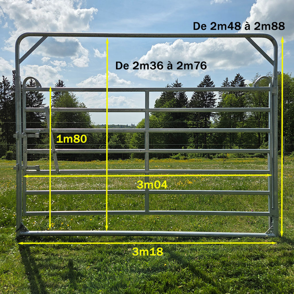 Porte sur arche avec cadre de porte ajustable en hauteur - 1m80 de haut partie barrière - Double verrouillage - Charnières haute résistance longue durée de vie - Passage jusqu'à 2m88 de haut et 3m04 de largeur