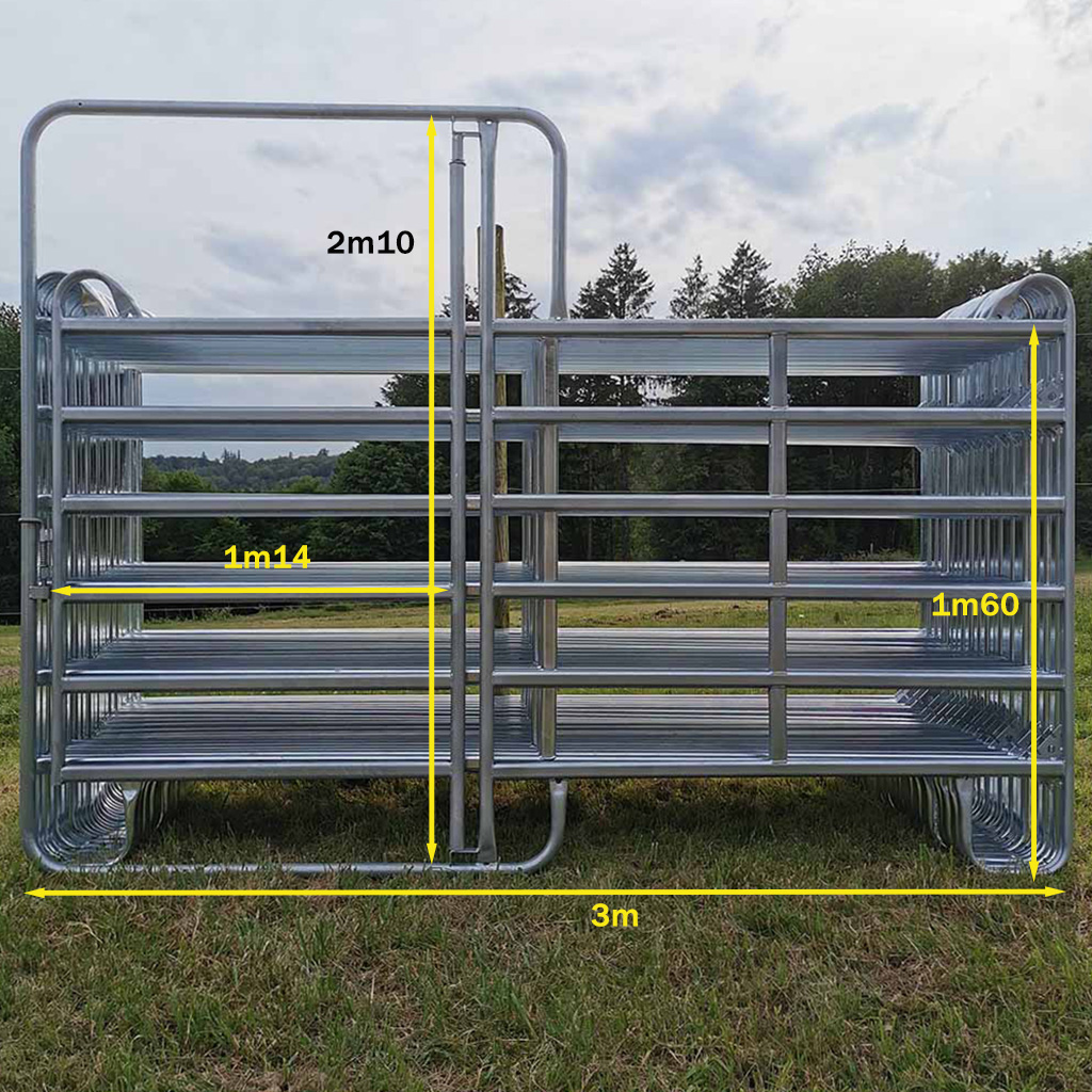 Parc de contention équins ou bovins composé de 19 barrières de 3m x 1m60 de haut ainsi que d’une barrière avec porte. Réalisé en acier galvanisé à chaud. Tube ovale de 50x30x1,5mm Chainettes et manilles de fixation comprises.